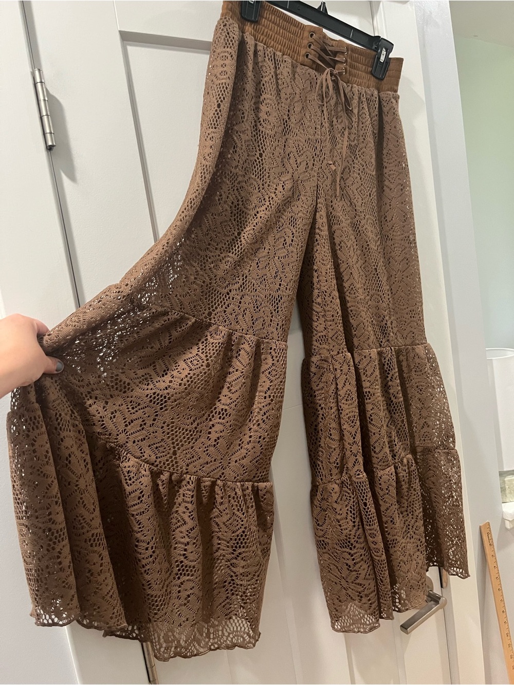 Festival Boho Western Bohemian Urban Mango Medium Brown Lace Wide Leg Pants EUC